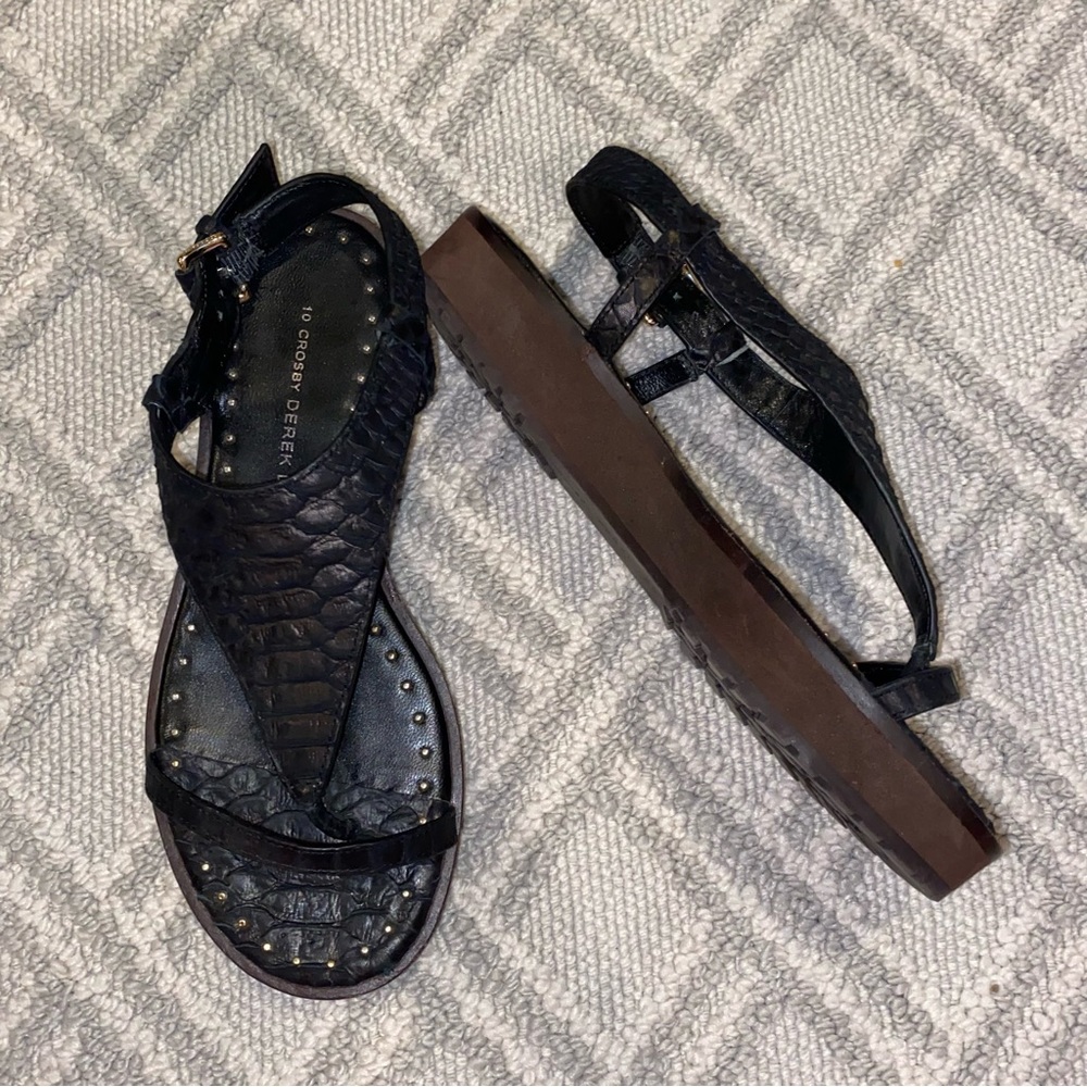 10 Crosby Derek Lam black leather croc embossed toe post platform sandals size 6